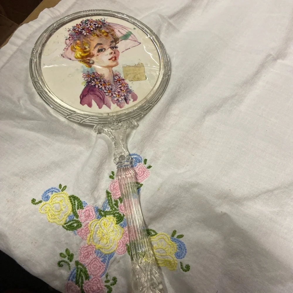 Vintage Handheld Mirror with Floral Art